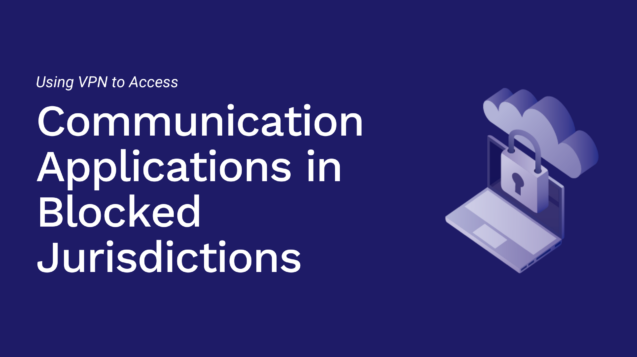 Illustration of a laptop with communication app icons and a shield representing VPN protection, bypassing restrictions.